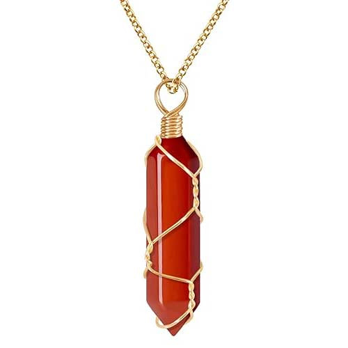 Carnelian Healing Crystal Necklace Wire Wrapped Natural Point Pendant Necklace